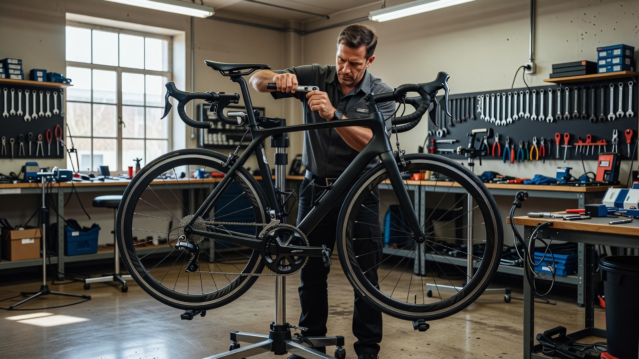 Road bicycle supported in a workshop for saddle and handlebar adjustments