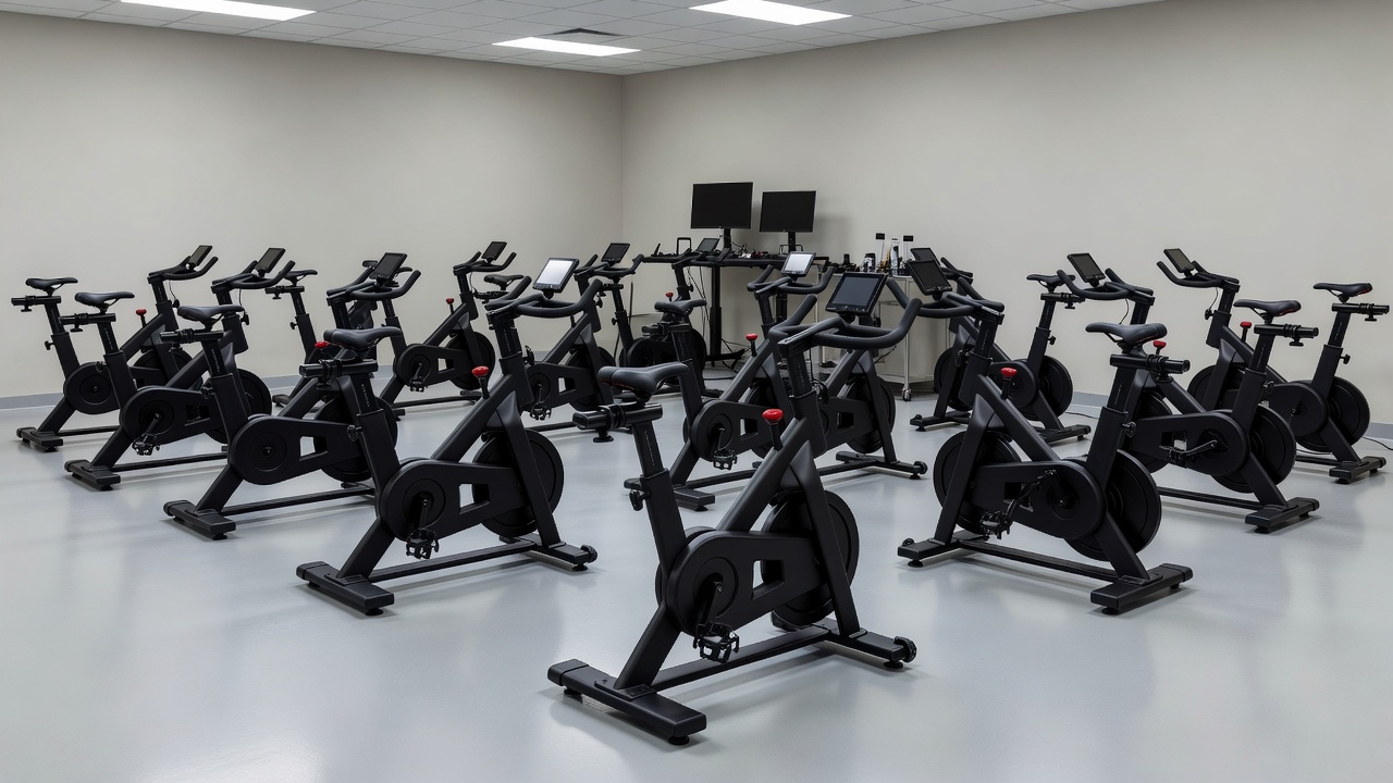 Indoor cycling equipment arranged in a controlled training and assessment space