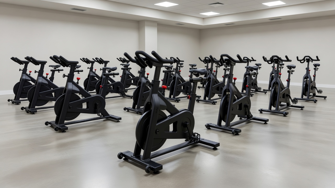 Indoor cycling stations arranged with space between bicycles for riders and instructors
